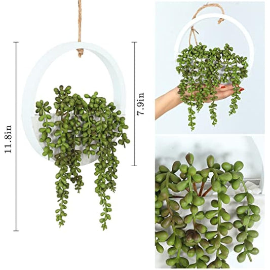 Hobyhoon Hanging Plant Artificial Succulents Fake String of Pearls Plants 12.2'' in Wooden Pot for Indoor Outdoor Wall Decor (1PCS)