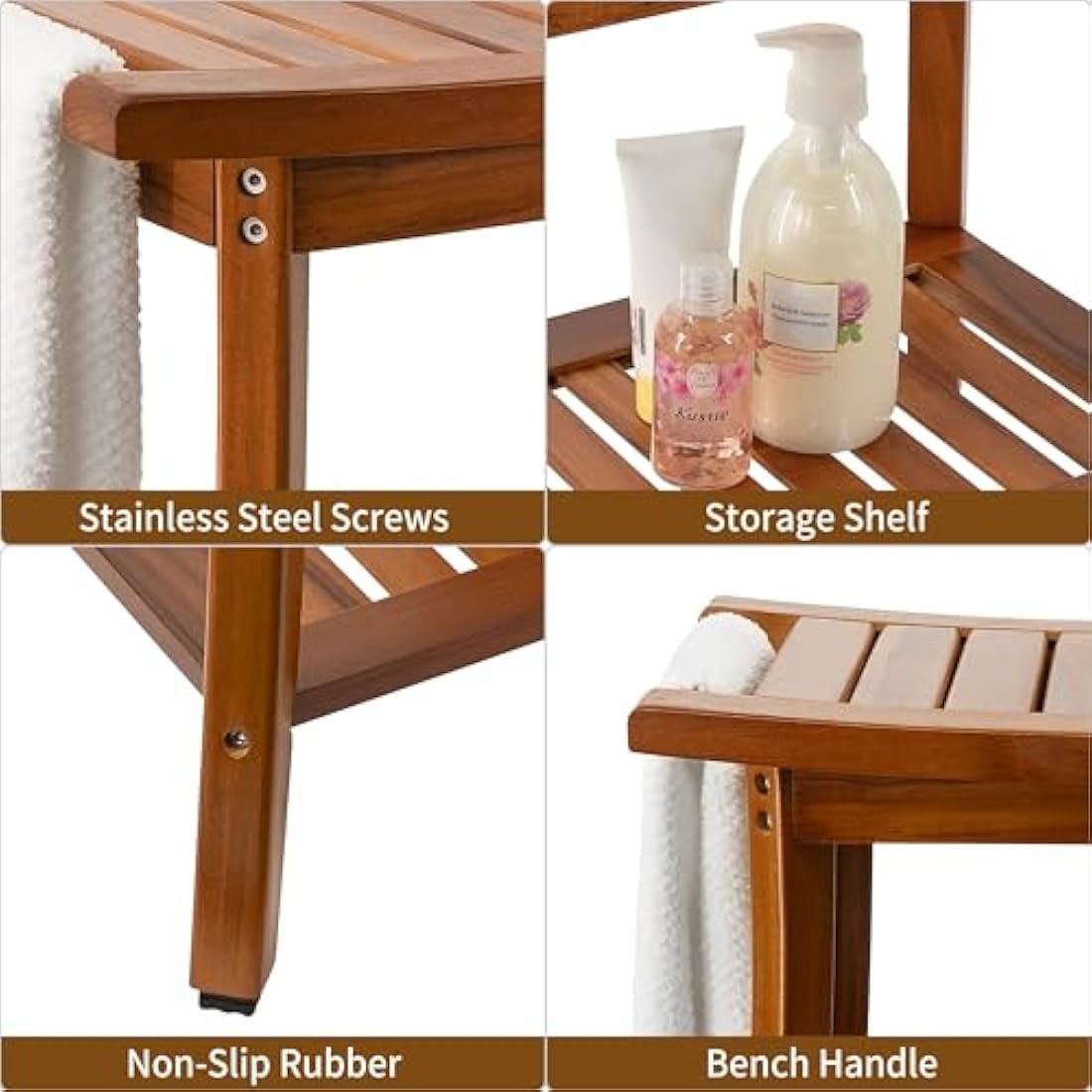 Utoplike Teak Shower Bench Seat with Handles, Wooden Spa Bathing Stool with Storage Shelf, 2-Tier Large Waterproof Chair for Bathroom and Bedroom, Livingroom Use