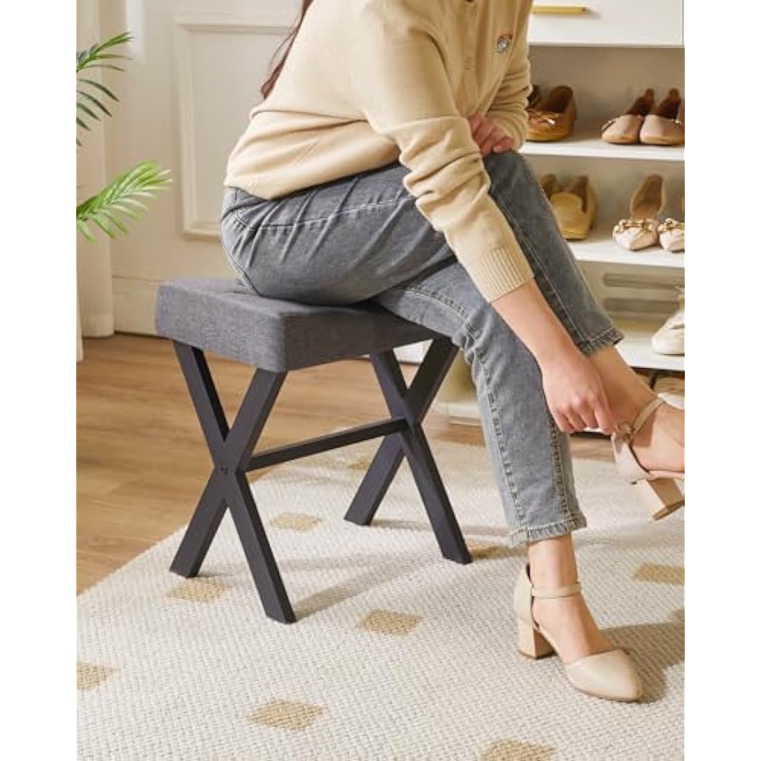 IBUYKE U-shaped Linen Vanity Stool, Square Makeup Stool with X-Leg, Ottoman Seat Footrest Stool, Multi-Use as Small Side Table, for Bedroom, Living Room, Dark Gray WBD018G