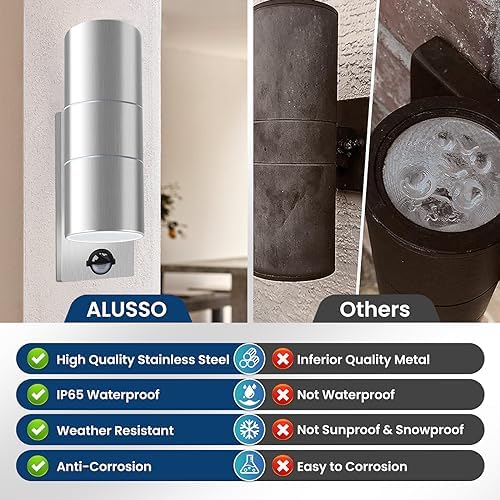 ALUSSO LED Outdoor Wall Light Motion Sensor,IP65 Stainless Steel Up Down Light Mains Powered,Warm White/Neutral White/Cool White Selectable,2x8W GU10 Included,Outside Sconce Wall Mounted for Porch