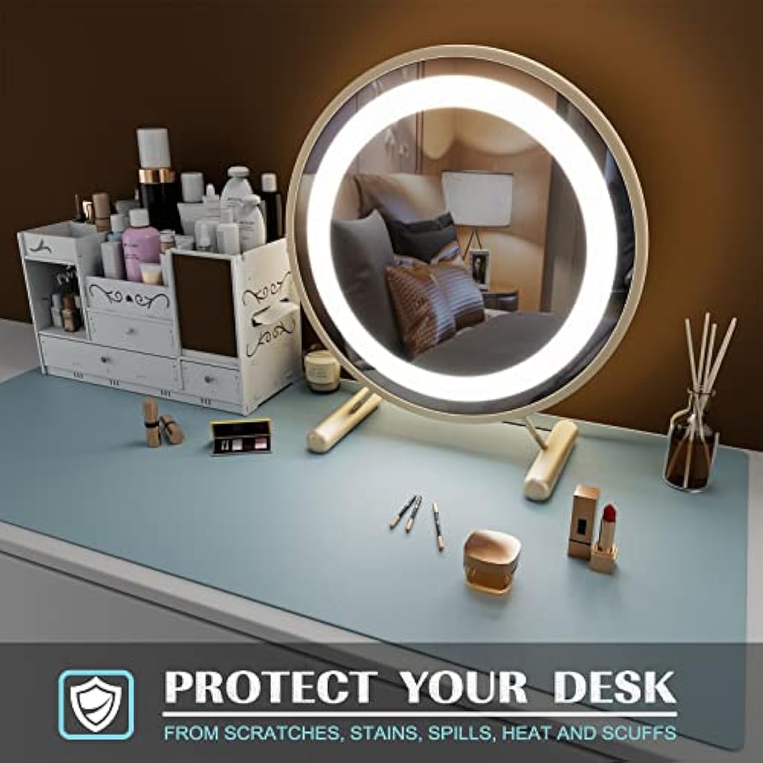 K KNODEL Small Office Leather Desk Mat, Mouse and Keyboard Pad, Computer and Laptop Mat, Desktop Protector and Cover, Writing Pad and Blotter (60x35cm, Light Blue)
