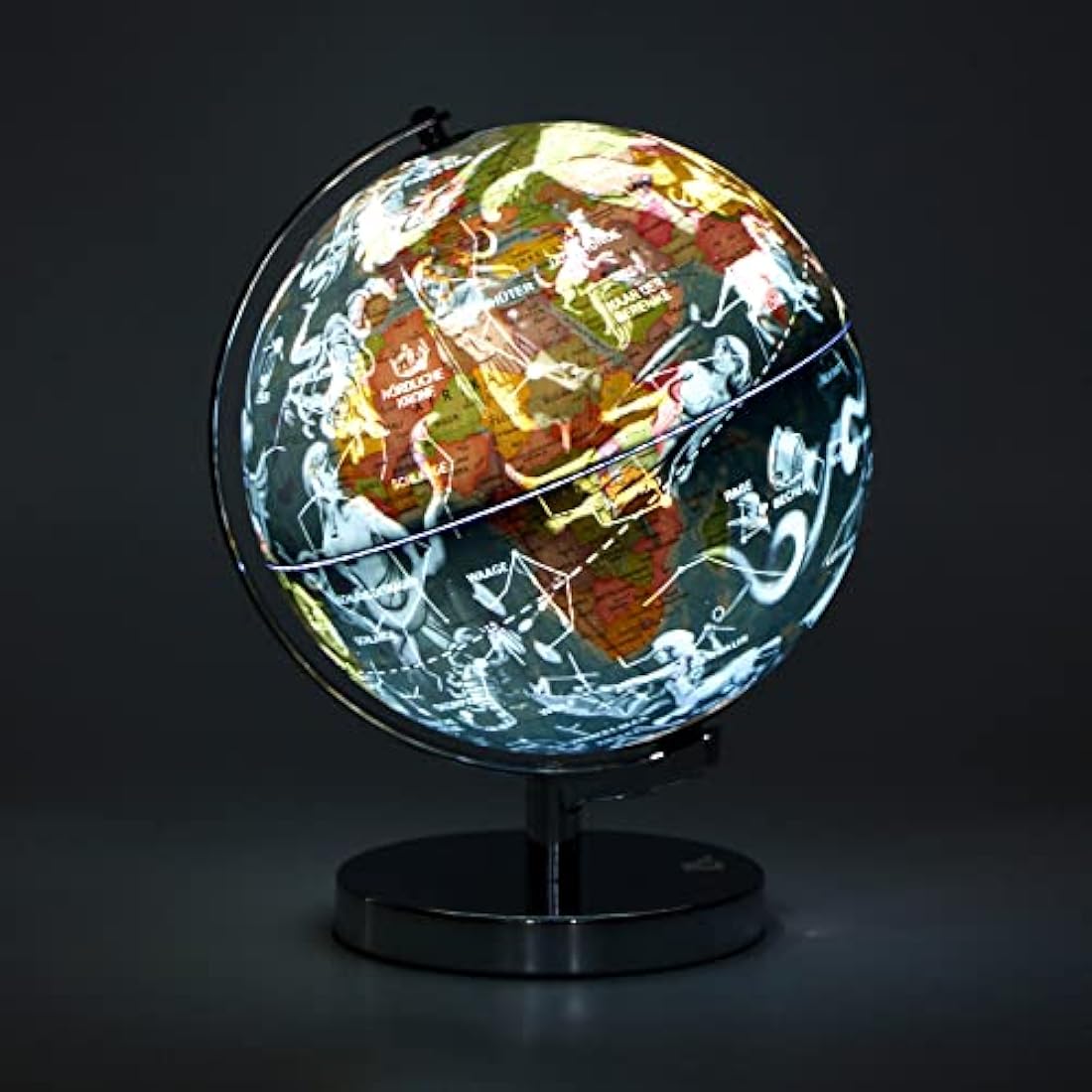Exerz 23 cm Illuminated Globe Metal Base – German Map – Student Globe with Cable Free LED Lighting On – Political Map (Time of Day) – Constellation Stars (Night)