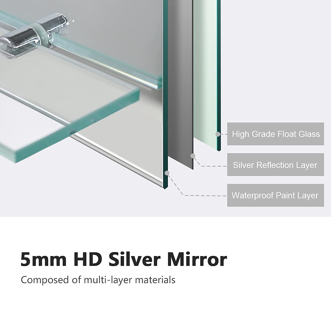 EMKE Frameless Mirror with Shelf - Small Bathroom Wall Shaving Mirror with Storage, Rectangle Vanity Mirrors 80x60cm