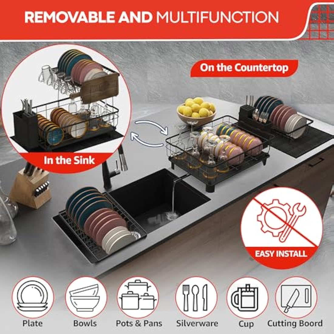 RebelEver Dish Drainer Rack - Draining Board Rack - Sink Drainer Rack - Plate Rack - Driying Rack Kitchen - Dish Drying Rack with Drainage Pipe to the Sink - Drying Mat included (2 Tier)
