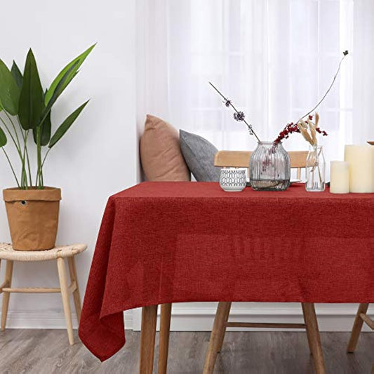 Deconovo Faux Linen Tablecloth 55x98in(140x250cm) Water Resistant Table Cloth Wipeable Table Cloth for Christmas Red