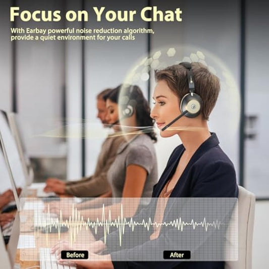 Wireless Headset, Bluetooth Headset With Microphone Noise Canceling & USB Dongle, On Ear Headphones with Charging Dock & 50hrs Working Time for Computer/Mobile Phones/Ms Teams/Skype/Zoom/Office