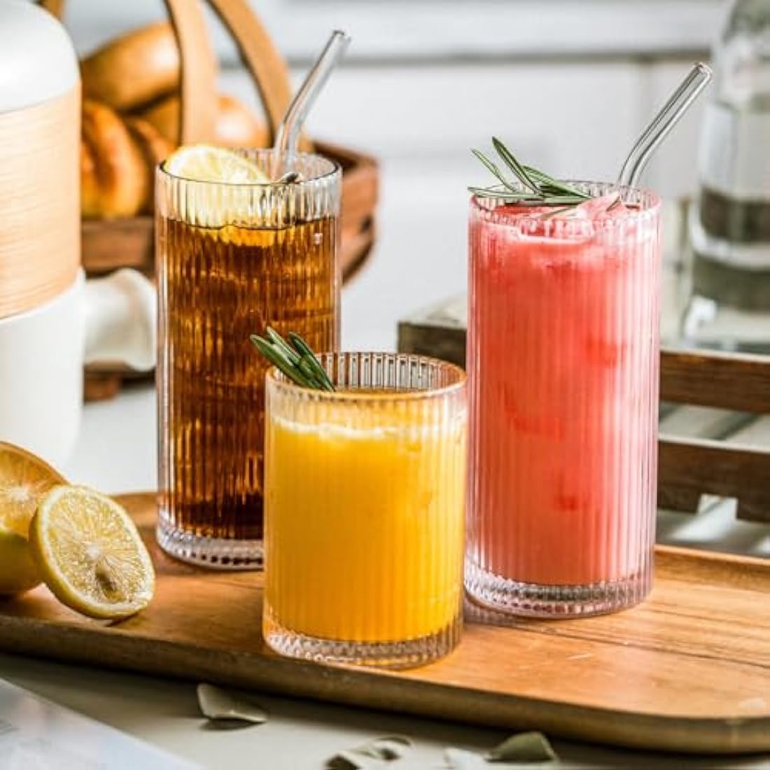 INSETLAN Ribbed Drinking Glasses Set of 6, 370ml Origami Design Ribbed Glassware, Highball Glasses for Juice, Water, and Cocktails, Perfect for Home, Restaurants, and Parties | Dishwasher Safe