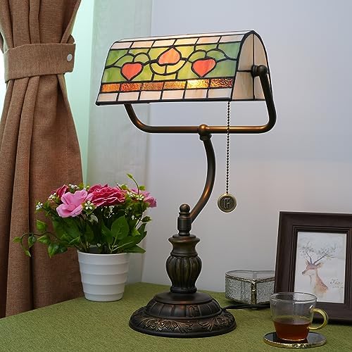 Blivuself Tiffany Style Heart Bankers Table Lamp Stained Glass Vintage Bedroom Bedside Study Pull Chain Reading Desk Lamps Office Nightstand Aesthetic Antique Green Banker'S Lamp Work Light Desklamp