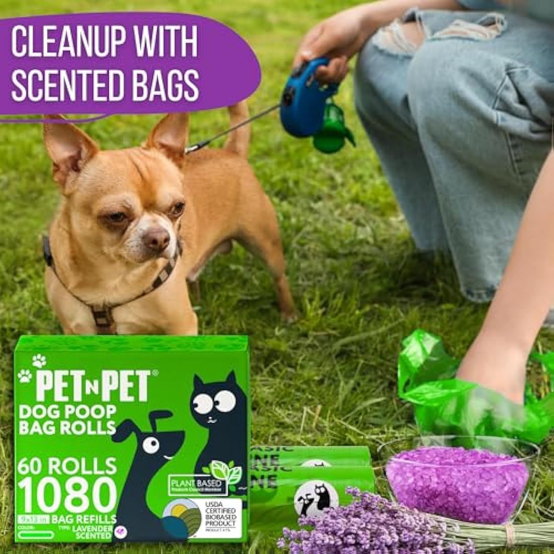 PET N PET 1080 Count Poo Bags Dogs USDA 41% Biobased 72 Thick Dog Poop Bags Rolls 9x13 Leak-Proof Lavender Scented