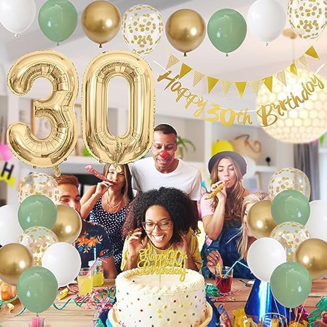 30th Birthday Decorations for Women Men, Happy Banner With Cake Topper Number 30 Foil Balloon, Sage Green White Gold Balloons for 30 Year Old Party Decoration