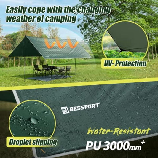 Bessport Camping Tent Tarp 3m x 3m/3m x 4m Waterproof PU3000 mm with Eyelets & 6 Aluminium Stakes & 8 Nylon Ropes, Anti-UV Suitable for Camping, Picnic, Hammock