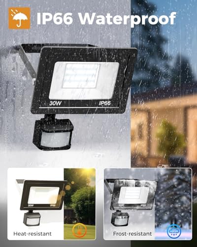 vighep Security Lights Outdoor Motion Sensor, 30W Led Pir Floodlight with Remote Control, 6500K Cold White IP66 Waterproof Outside Wall Light Mains Powered for Garage Backyard Garden Doorway-2Pack