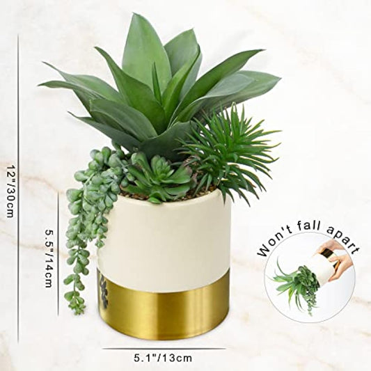 Hollyone 30CM Artificial Succulent Plants, 12" Fake Maguey with Succulents in Gold Ceramic Pot, Decorative Faux Plant Potted Indoor for Home Decor, Living Room, Shelf, Table, Desk, Office Decorations