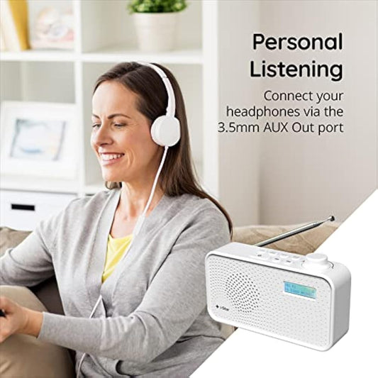 DAB Radio Portable, DAB Plus/DAB Radio, FM Radio Mains Powered or Battery, USB Charging, Clear LCD Display (White)
