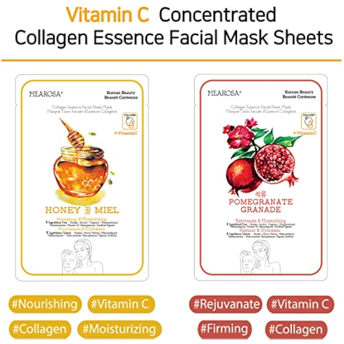 MEAROSA Vitamin C Collagen Firming Facial Sheet Mask Korean Skin Care Hydrating & Nourishing Premium Quality Natural ingredients Essence Sensitive skin(8 Variety pack 25ml)