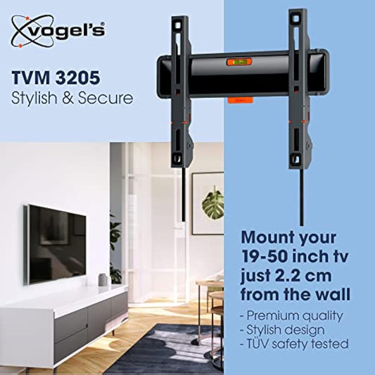 Vogel's TVM 3205 fixed TV wall bracket for 19-50 inch TVs, Max. 66 lbs (30 kg), Flat TV wall mount max. VESA 200x200, Universal compatibility, Distance to the wall just 0.87 inch