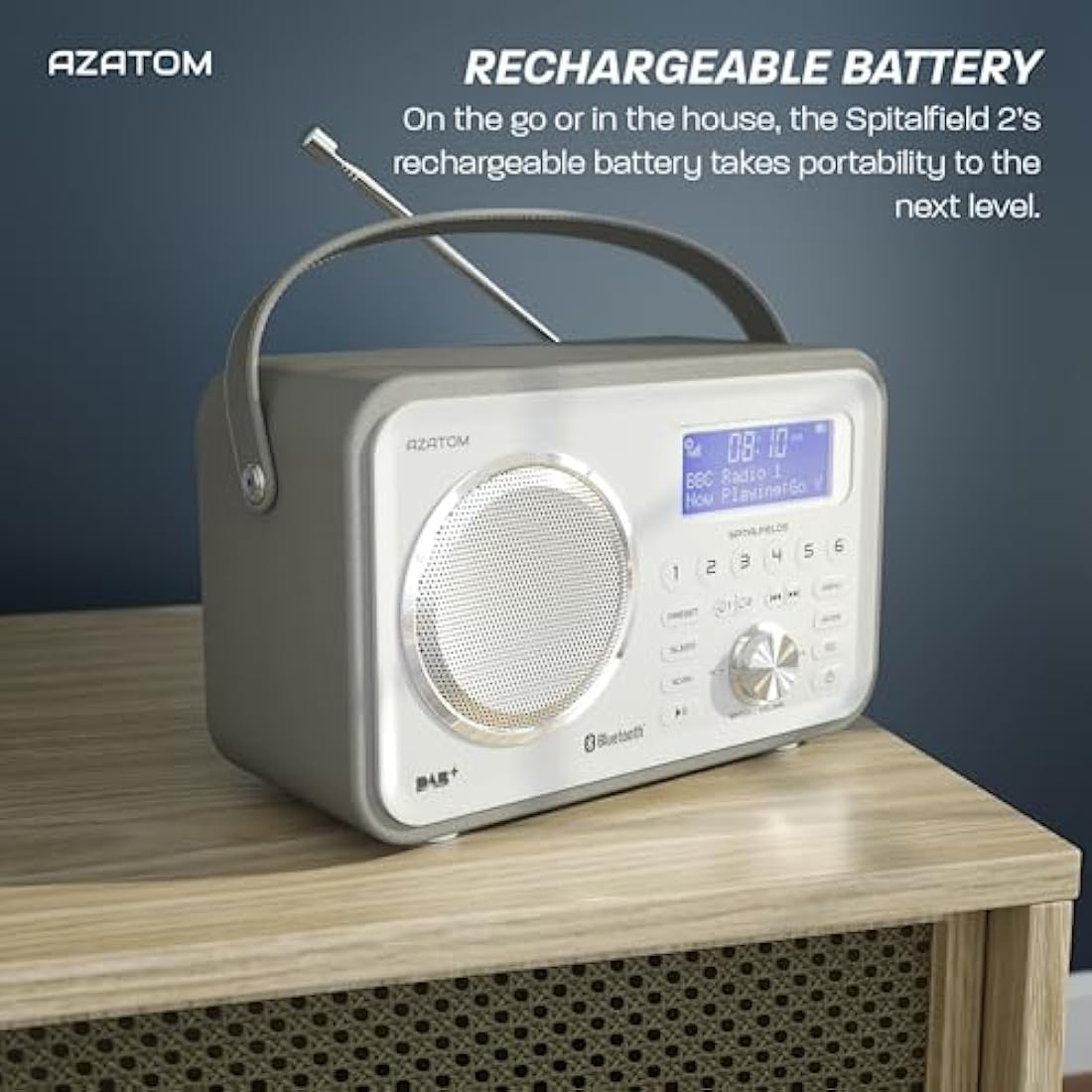 DAB/DAB+ & FM Portable Digital Radio | Leather Design | Bluetooth | Rechargeable Battery | Dual Alarms & Sleep Timer | Perfect for Home, Office or Outdoors | AZATOM Spitalfields 2 (Grey)