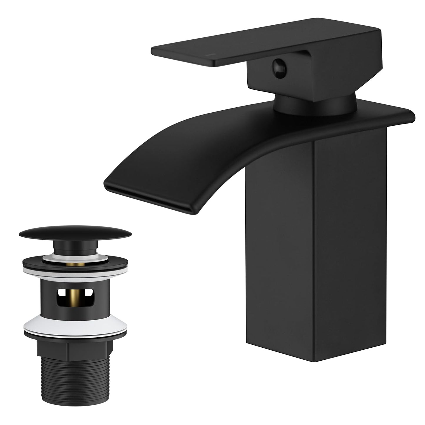 BESy Waterfall Spout Bathroom Sink Mixer Taps,Single Handle Basin Mixer Tap, Lavatory Vessel Faucet,Stainless Steel,Matte Black Vanity Tap