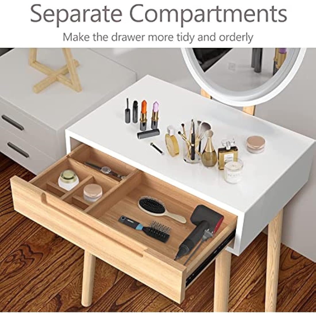 YOURLITE Makeup Vanity Dressing Table Mirror Cosmetic Vanity Dressing Cabinet with Stool Dresser with LED Mirror, Wood Color, 1 Drawer