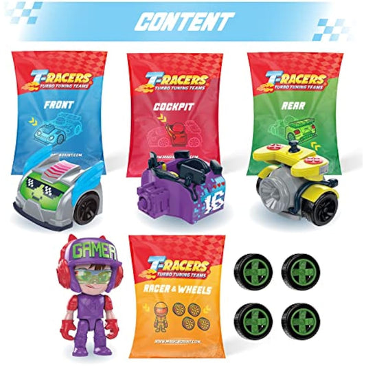 T-RACERS Glow Race Series – Collectible surprise car and driver. Car can be taken apart piece by piece, and parts are interchangeable