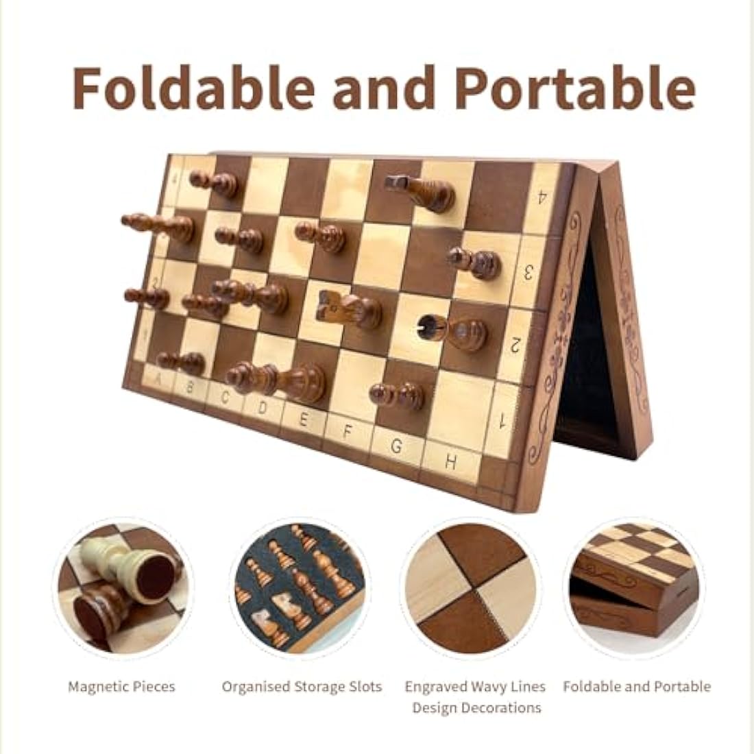 Syrace Magnetic Chess Set Board Games, Kids and Adults Wooden Foldable Hand Carved Portable Travel Chess Board Game Sets with Game Pieces & Storage Slots 15.74" (luxurious Magnetic Chess)
