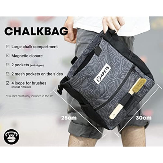 APE13® Chalkbag Boulder Set Consisting of Chalk Bag, Boulder Brush, Chalk (as Set & Single) - Perfect Bouldering Gift and Enough Space for Boulder Accessories