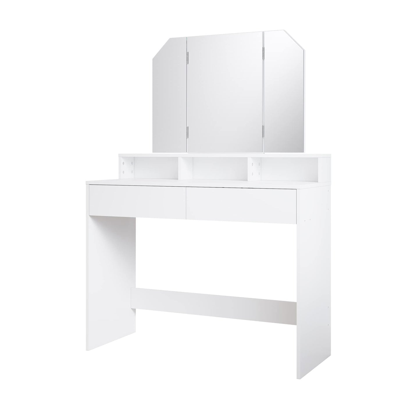 ELEGANT Dressing Table Large Tri-Fold Mirror(180?) Makeup Table with 2 Drawers and 3 Open Compartments, White Vanity Table for Women Girls Bedroom