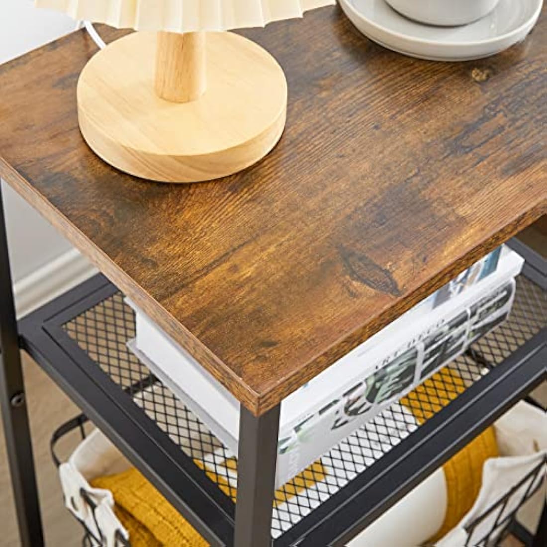 IBUYKE Side Table, 3-Tier End Table, Industrial Nightstand Small Table with Storage Shelf, Bedside Table for Bedroom, Living Room, Hallway, with Metal Frame, Rustic Brown TMJ403H