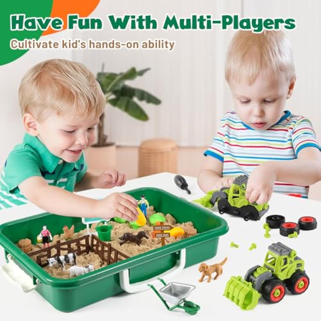 FRUSE Play Sand Farm Animal Toys,Sandbox Toys Set for Toddlers w/1 KG Play Sensory Sand, Farm Toy Figures and Tractor Truck Playset,Sensory Sandbox with Cover for Boy Girl Kid Age 3 4 5 6 7 8 9