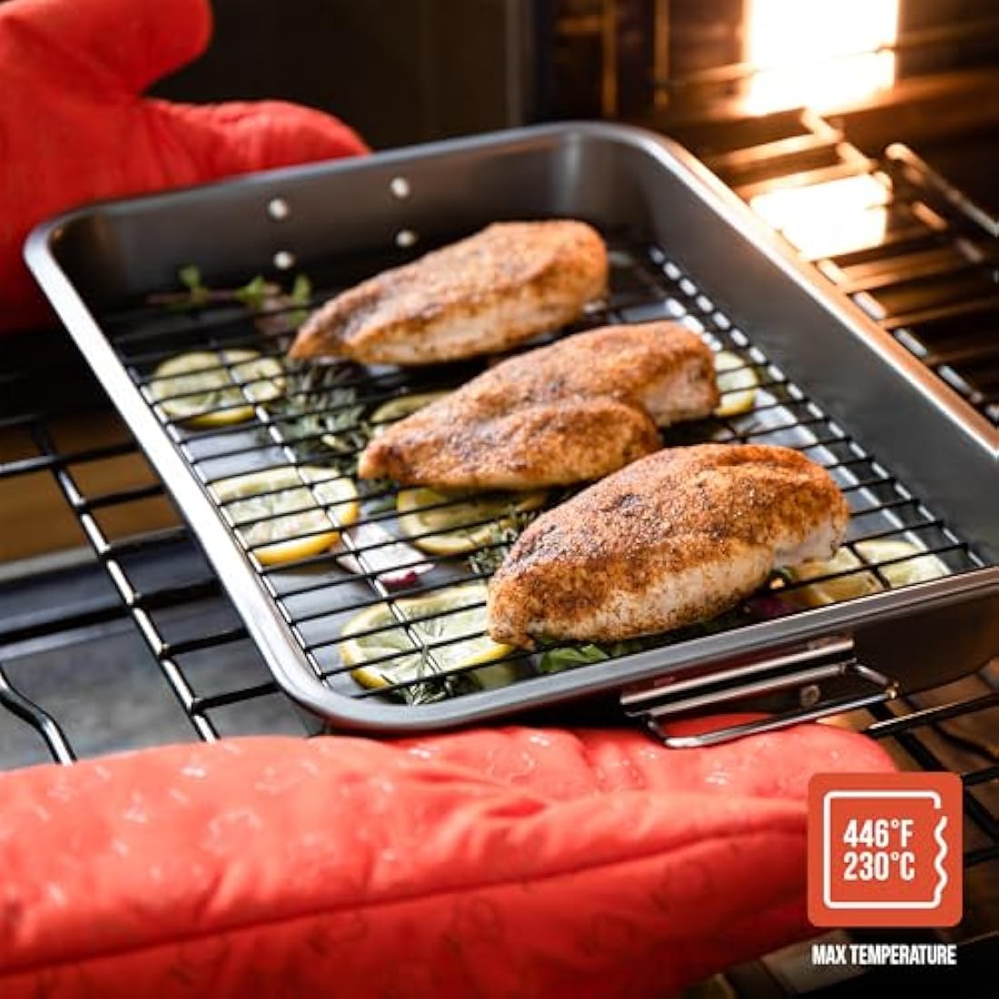 Chef Pomodoro Nonstick Carbon Steel Roasting Pan Roaster with Flat Rack, 16 x 11-Inch (41cm x 28 cm), Large, Grey, Bakeware Rectangular Oven BBQ Baking