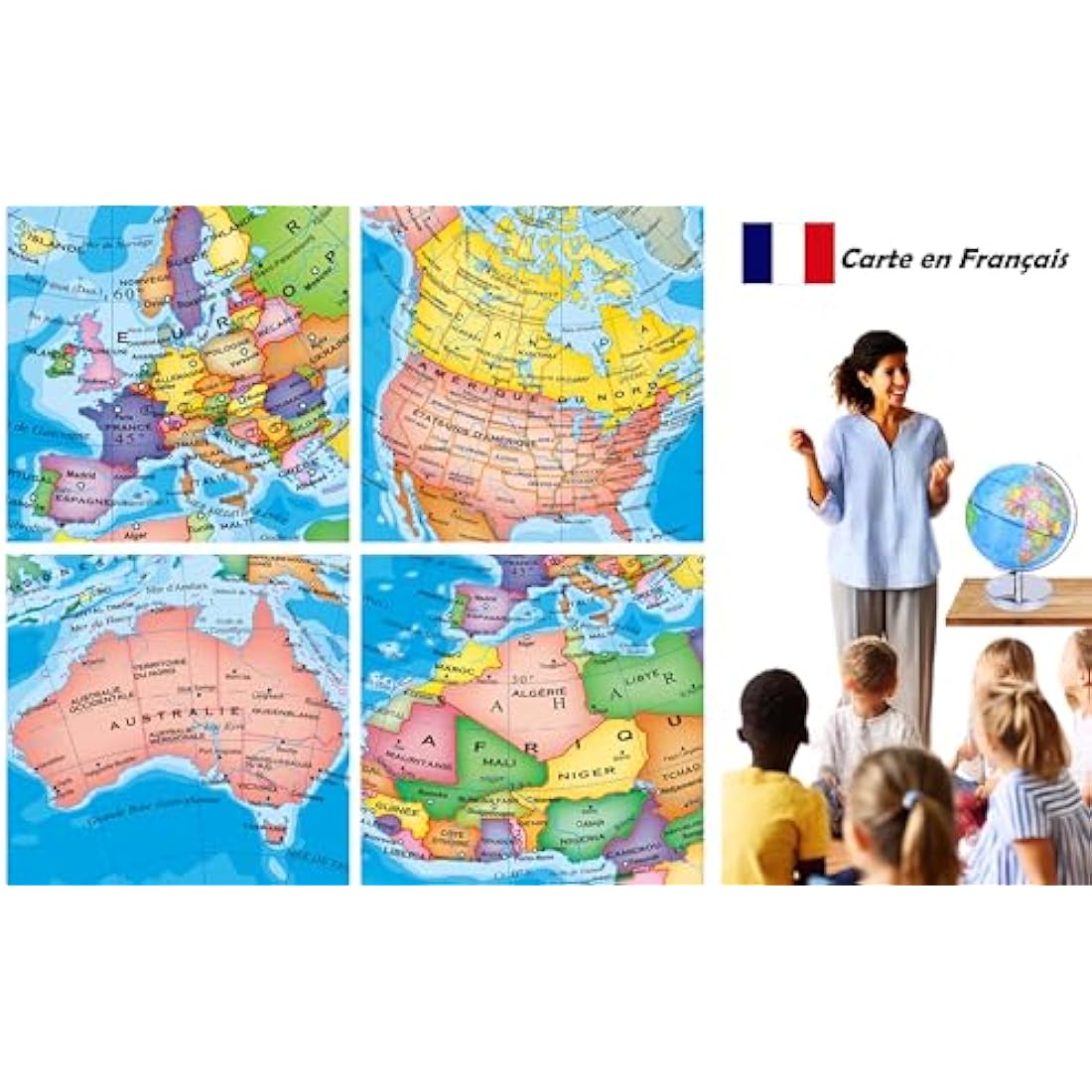 EXERZ 23 cm Illuminated Globe Metal Base – French Map – Student Globe with Cable Free LED Lighting – Political Map (Time of Day) – Constellation Stars (Night) – Fun and