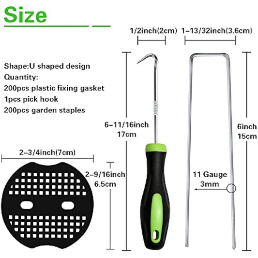 Bakulyor 200 Weed Control Membrane Pegs + 200 Buffer Washer, 6"/150mm Weed Mat Pegs