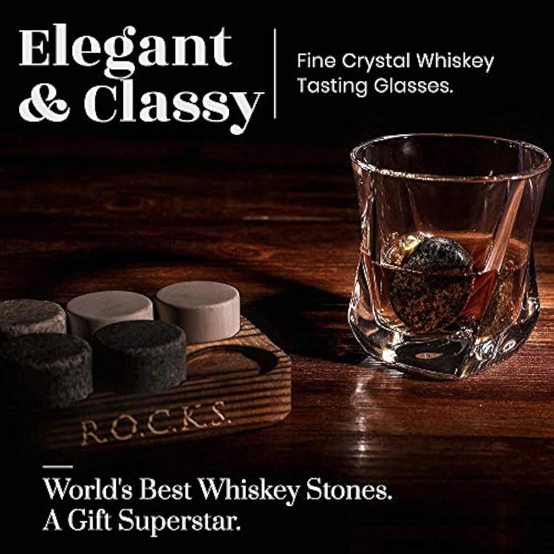 Whiskey Chilling Stones Gift Set - 6 Handcrafted Premium Granite Round Sipping Rocks - 2 Crystal Superior Glasses - Hardwood Presentation & Storage Tray - Elegant Gold Foil Gift Box by R.O.C.K.S.