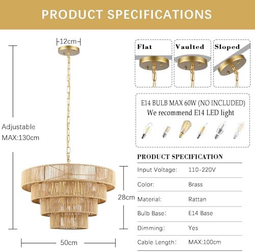Schindora 50CM Boho Pendant Light,Hand-Woven Rattan Lampshade 6-Lights Light Shade 4 Round Transitional Rustic Large Lamp Shades Ceiling for Kitchen Island Bedroom Dining Room Living Room,Brass
