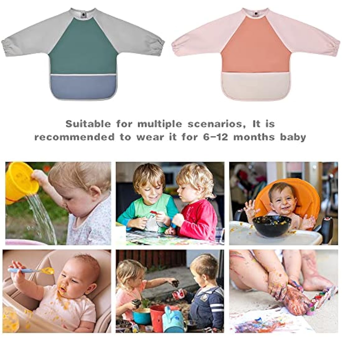 Vicloon Baby Weaning Bibs, PU Feeding Bibs With Long Sleeves, Waterproof Toddler Bibs Easy to Clean, Suitable for Babies From 6 Months to 12 Months