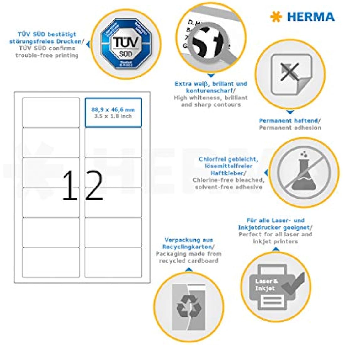 HERMA Self Adhesive Multipurpose Labels, 12 Labels per A4 Sheet, 100 Sheets, 88.9 x 46.6 mm, 1200 Labels, Blank Universal Labels Stickers, Sticky Labels for Laser & Inkjet Printer, White