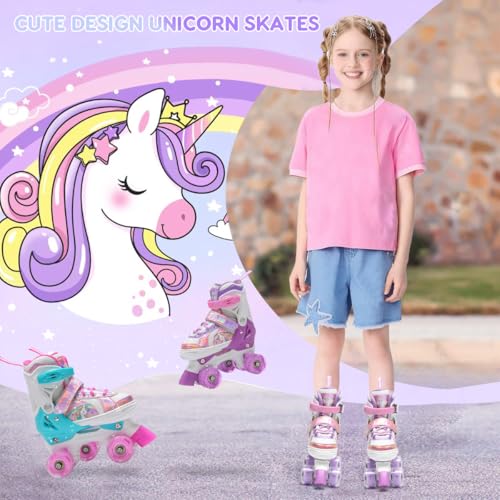 OLYSPM Kids Roller Skates,Roller Boots,4 Sizes Adjustable Quad Skates with 8 Flashing Wheels,Roller Skates for Girls,Boys and Beginner(Purple)