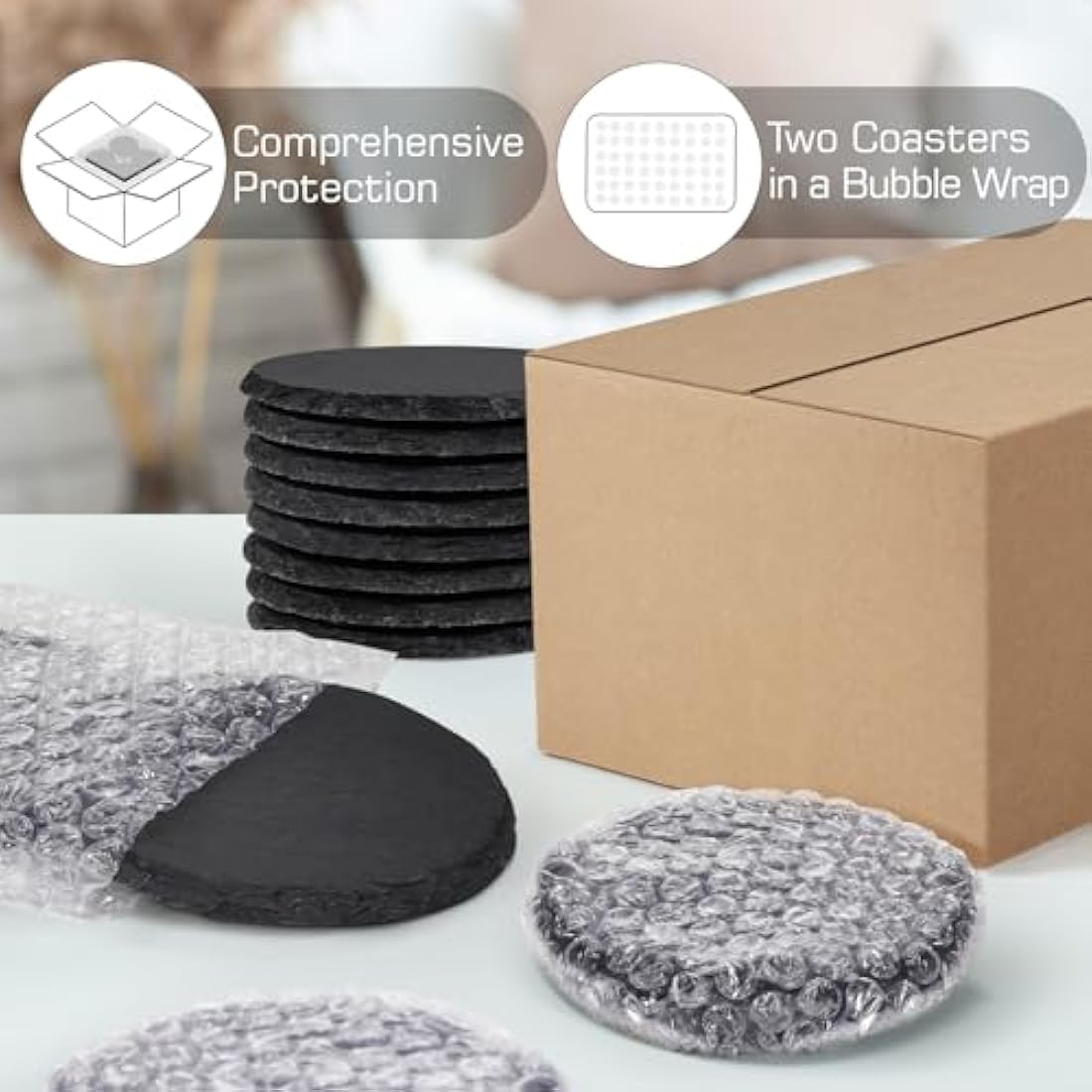 48 PCS Round Slate Coasters for Drinks, WEWINK PLUS 4 Inch Blank Black Stone Coasters Bulk with Anti-Scratch Backing for Laser Engraving, Home Decor, Bar,Wedding, Housewarming Gifts