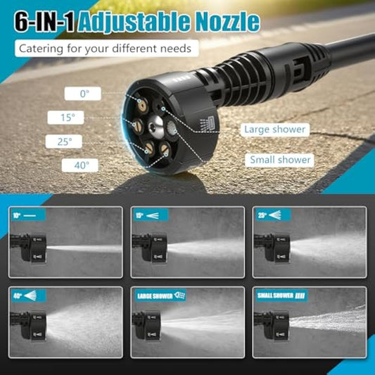 Cordless Pressure Washer Portable with 21V 2x Batteries, Portable High Power Washer Jet Wash Tool Cleaner with 6 IN 1 pray Nozzles, Soap Dispensing Bottle 5 m Washer hose for Car Garden Home Patio
