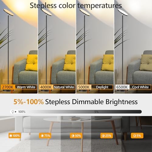 LED Uplighter Floor Lamp Living Room - 2700K-6500K Color Temperature, Modern Floor Lamp with Remote Control & Touch Control (Jet Black)