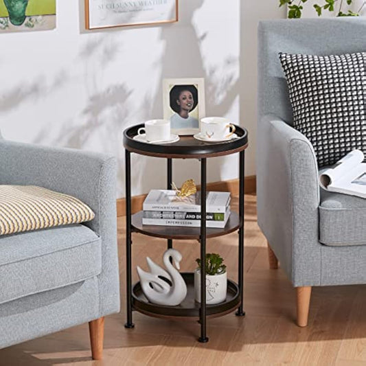 YEAKOO Industrial Nordic End Table, 3-Tier Round Side Table with Storage Shelf Edge Protection Tray, Sturdy Metal Frame Coffee Table Bedside Table for Living Room Bedroom Small Spaces/Rustic Brown