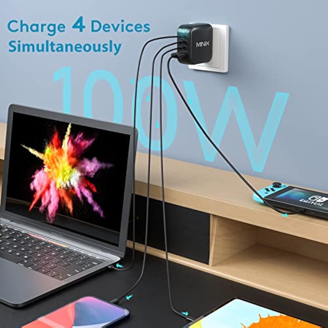 MINIX 100W Turbo 4-Ports GaN Wall Charger, 3 x USB-C port Fast Charging Adapter(Max 100W/20W), 1 USB-A (Max 18W). Compatible with USB-A and USB-C phones, laptop, tablet and More.(NEO P3)