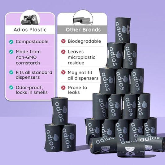 Adios Plastic - Compostable Dog Poo Bags, 360 Count (24 Rolls) - Leak‑Resistant, Extra Thick, Odour Proof Dog Waste Bags – Made from Highest Rated EN13432 Certified Cornstarch - Slate Grey