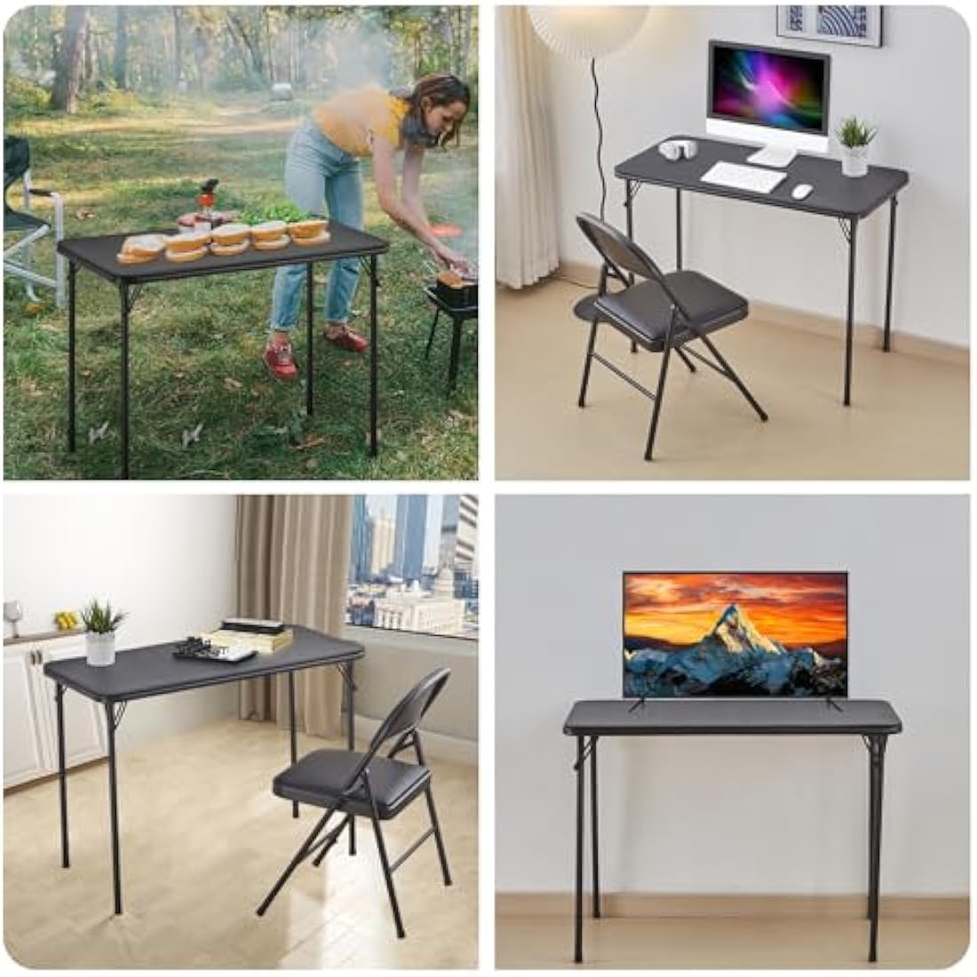 KAIHAOWIN Set of Desk and Chair, Computer Table/Dining Table 97 x 47 cm and Folding Chair 40 x 40 cm, Folding Desk and Chair, Outdoor, Black