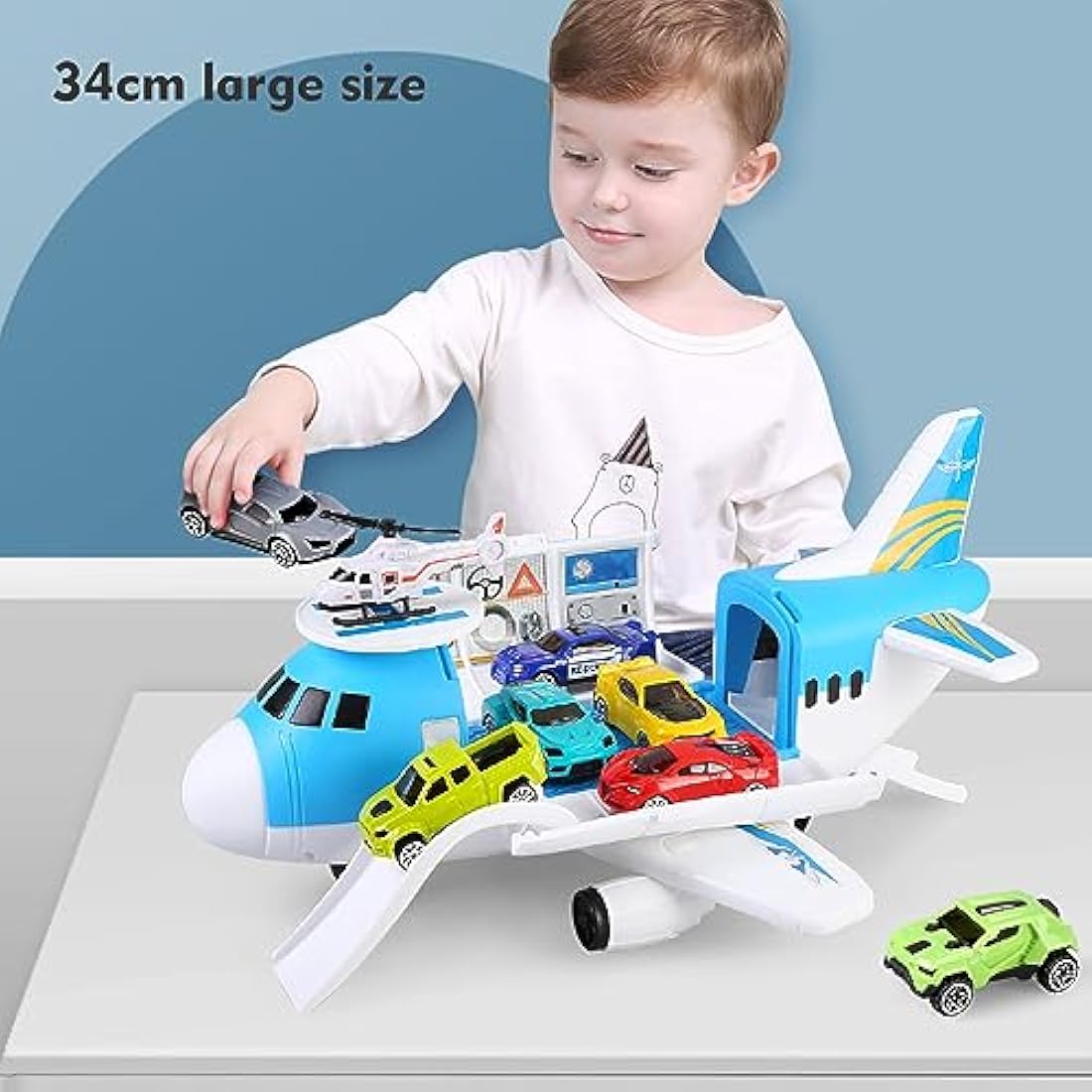 kramow Toy Cars for 3 Year Old Boys, Car Toys Set, Aeroplane Toys, Transport Airplane with 7 Sports Cars, 1 Off-Road Car, 1 Helicopter, Cargo Plane Toy Gifts for Kids Boys Girls age 3 4 5 6