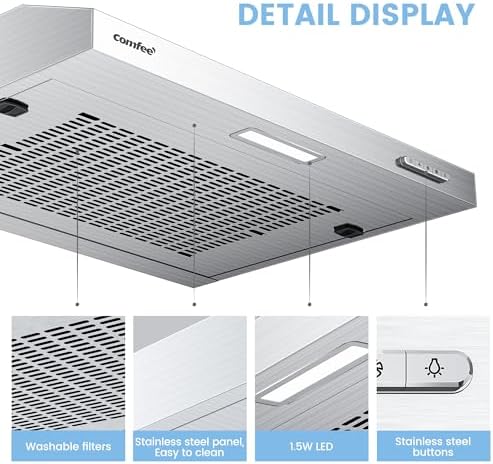 COMFEE' 60 cm Visor Cooker Hood SLIF17SS-60 LED Under Cabinet Hood Wall Mounted Extractor Fan Kitchen 600 mm Top Vented Range Hood - Stainless Steel