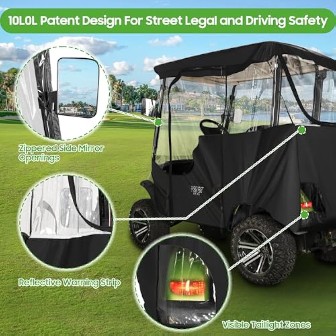 10L0L Deluxe Golf Cart Driving Enclosure 2 Seater for Yamaha G14 G16 G22 G29 Drive2 with Security Side Mirror Openings, 4-Sided HD PVC Windows Waterproof Golf Buggy Cover with Roll-up Windshield