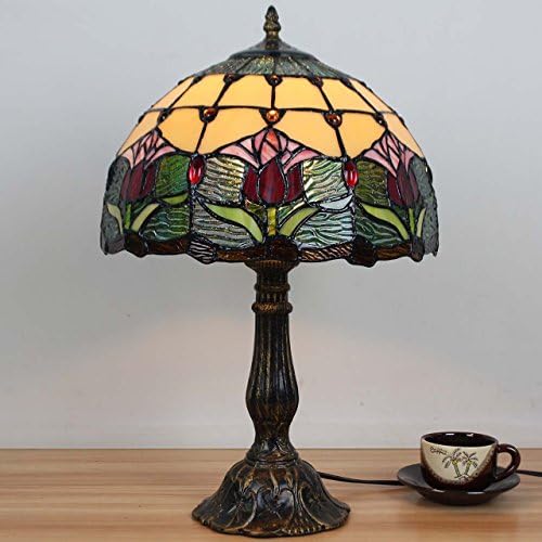 Bieye L30020 Tulip Flower Tiffany Style Stained Glass Table Lamp Night Light with 12 Inches Wide Handmade Lamp Shade Metal Base for Bedside Bedroom Living Room, 18 inches Tall, Red Green…