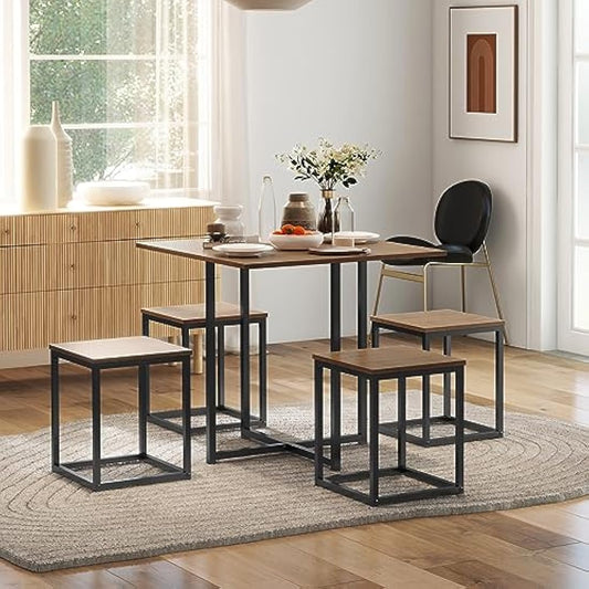 HOMCOM 5 Piece Dining Table and Chairs Set 4, Industrial Space Saving Table and Chairs with Metal Frame, Square Kitchen Table and Stools for Dining Room, Brown