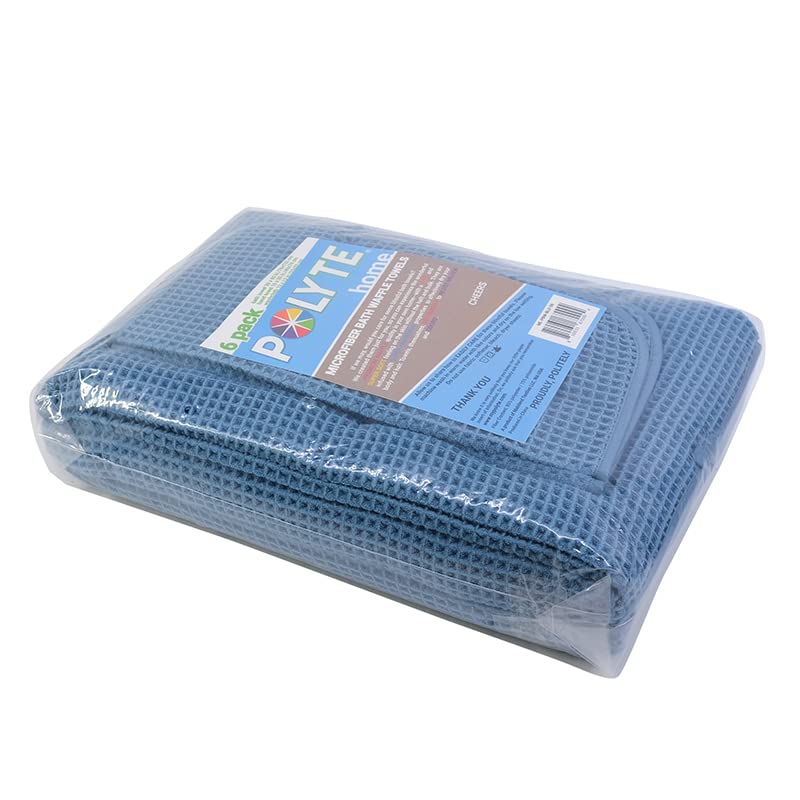 POLYTE Microfibre Oversize, 76 x 152 cm, Quick Dry Lint Free Bath Towel Set, 6 Piece (Blue, Waffle Weave)